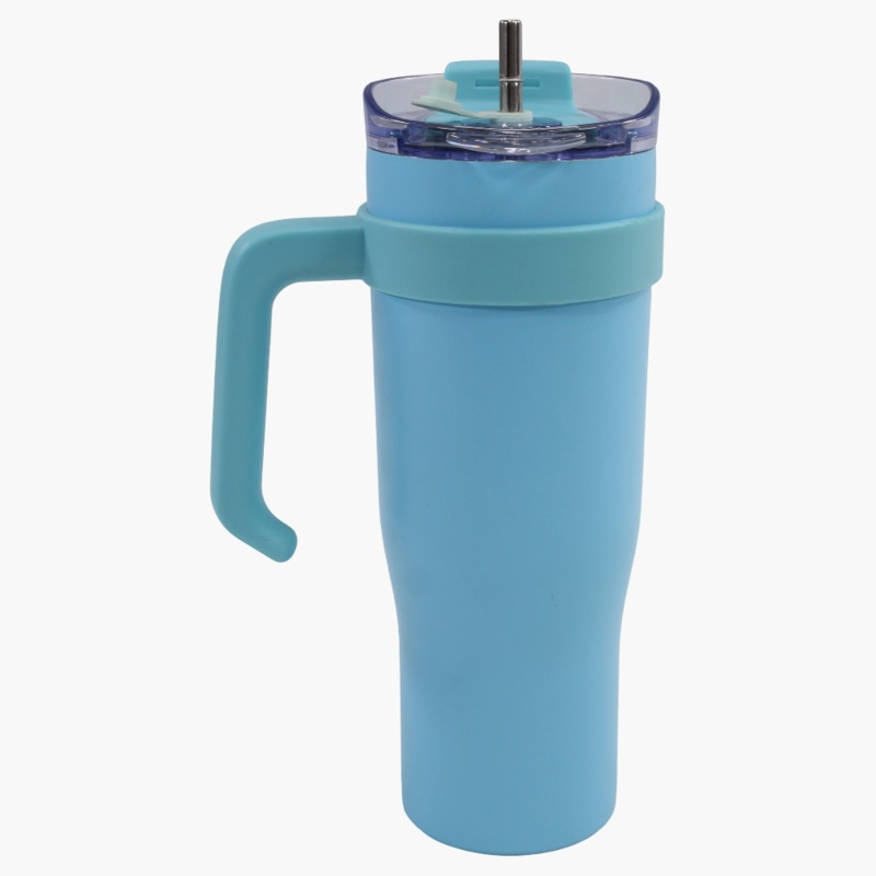 Large Stainless Steel Travel Mug  Light Blue with Handle & Straw Lid