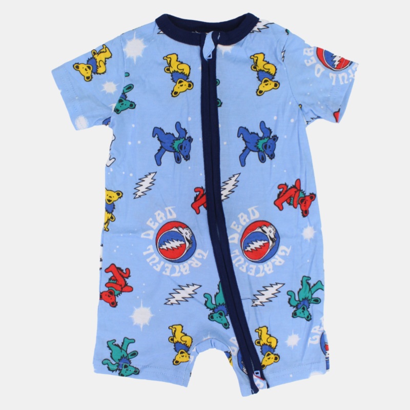 Baby Boys Cotton Romper  Light Blue with Bear Print and Zipper Detail