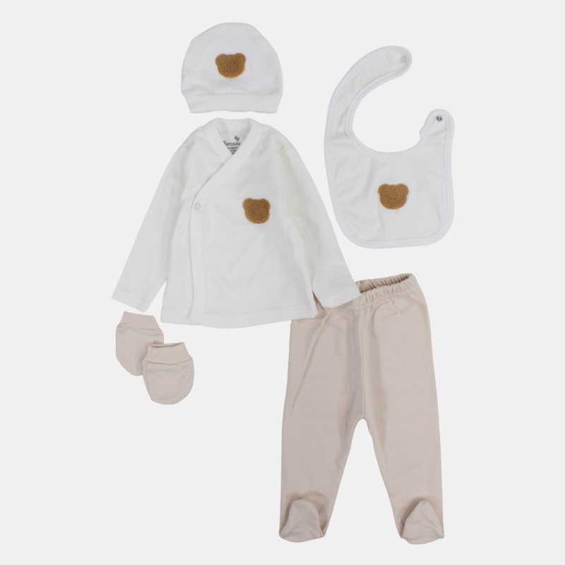 Unisex Newborn 5-Piece Outfit  Off-White/Beige with Teddy Bear Design