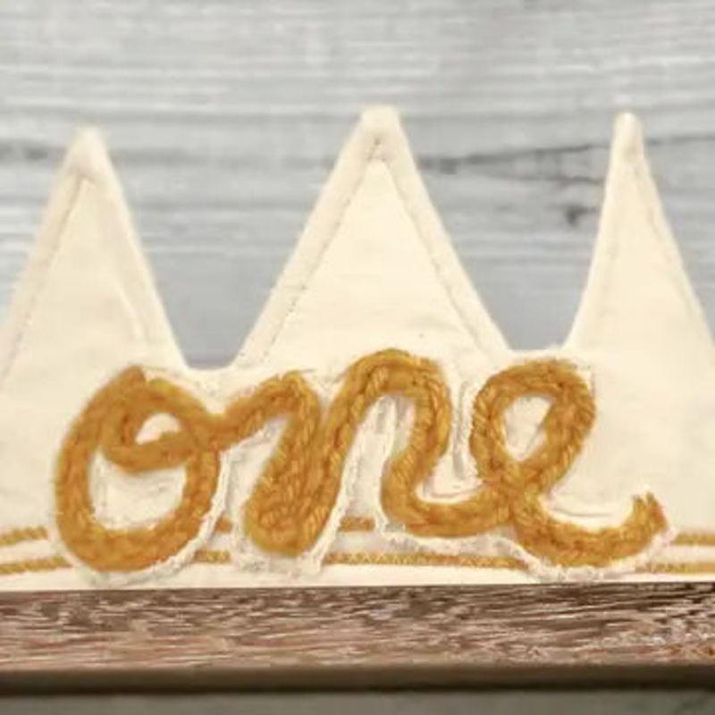 First Birthday Crown with Mustard Crochet Writing