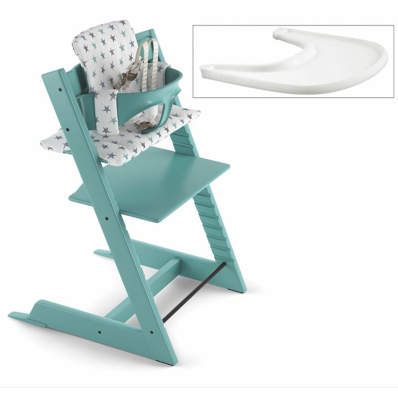 Tripp Trapp High Chair and Cushion with Stokke Tray -- Aqua Blue/Aqua Star