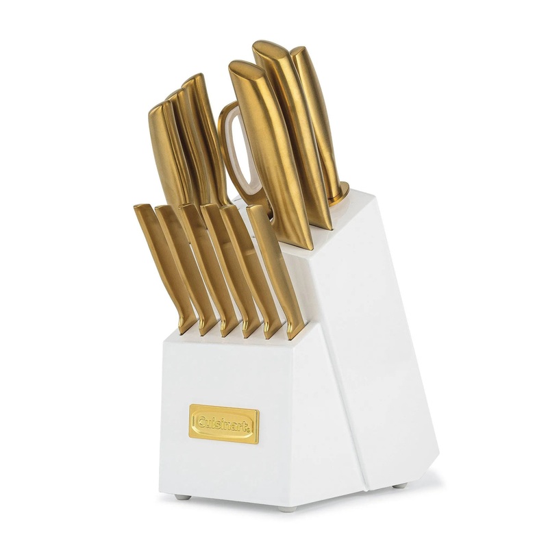 Classic 15pc Gold PVD Stainless Steel Cutlery Block Set White
