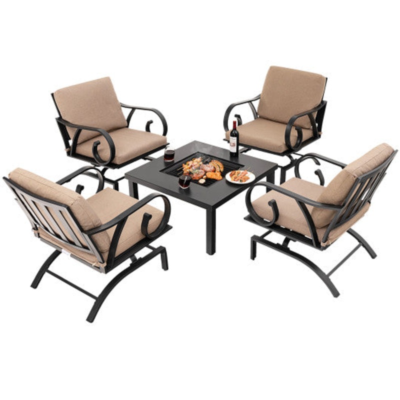 5 Pieces Patio Rocking Chairs and 4-in-1 Fire Pit Table With Fire Poker