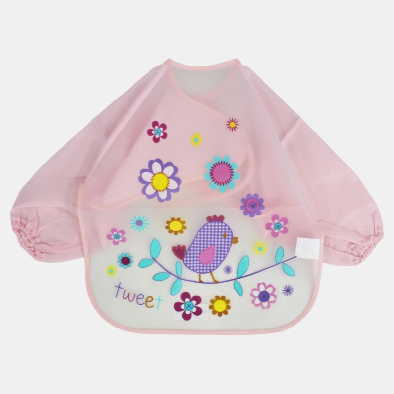 Baby Long-Sleeved Bib - Pink with Bird Design