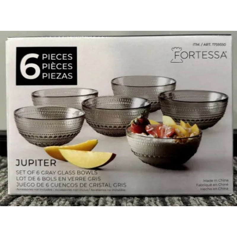Fortessa Jupiter 6 Piece Gray Glass Bowls Set - 13.5oz, 5in Diameter (See Description)