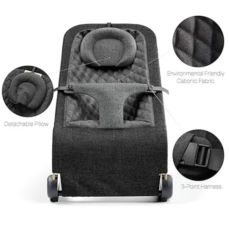 Fodoss Portable Baby Bouncer Chair - Ergonomic Design for Infants 0-12 Months, Black