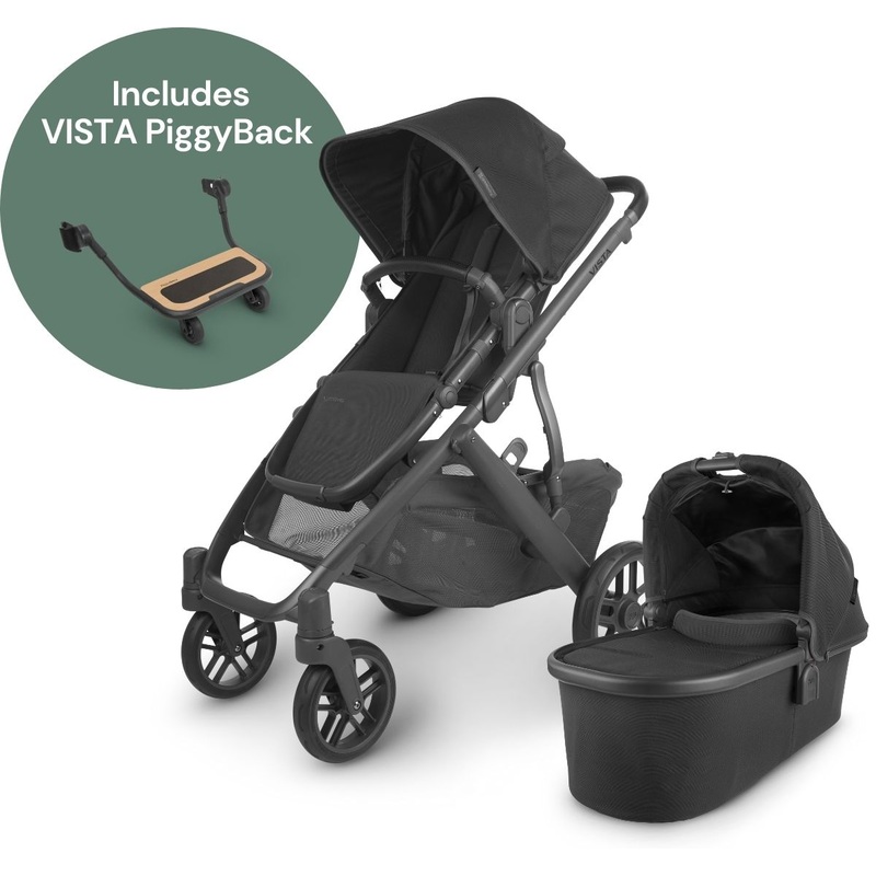 UPPAbaby Vista V2 Single-to-Double Stroller + PiggyBack Ride-Along Bundle - Jake (Black/Carbon/Black Leather)