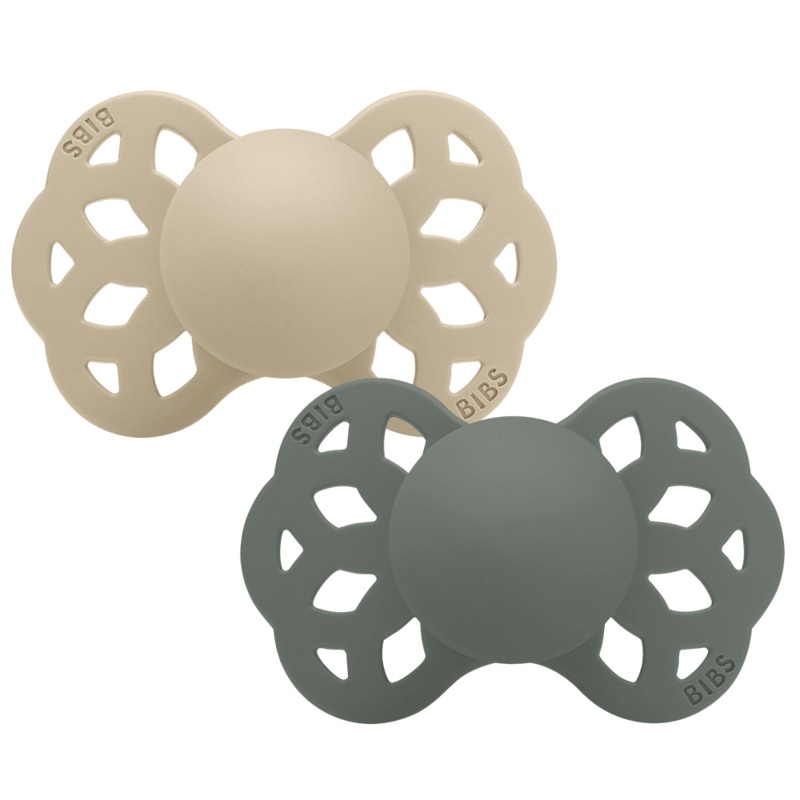 BIBS Infinity Baby Pacifier 2-Pack Symmetrical Silicone Size 2  Vanilla/Pine