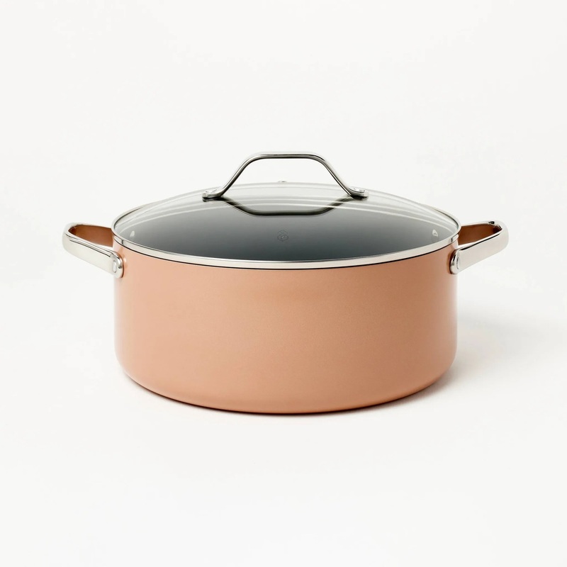 8qt Nonstick Ceramic Coated Aluminum Wide Stock Pot Terracotta Orange - : Induction Safe, Dishwasher-Safe