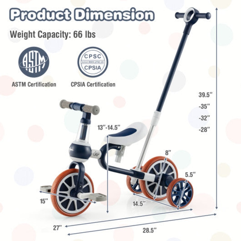 4-in-1 Kids Trike Bike With Adjustable Parent Push Handle and Seat Height-Navy
