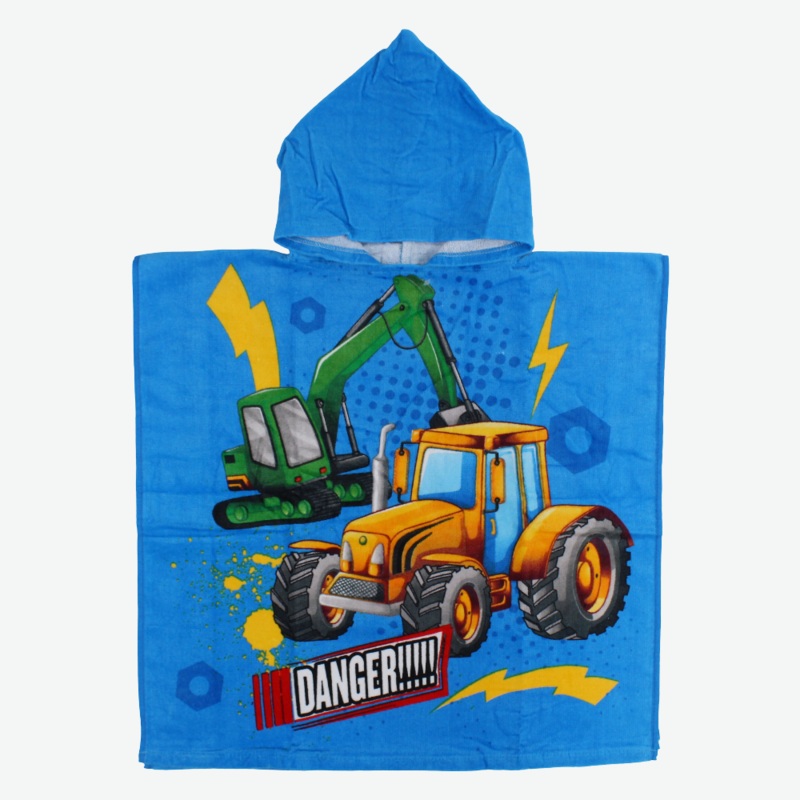 Boys Poncho Beach Towel with Hoodie  Blue with Tractors Design