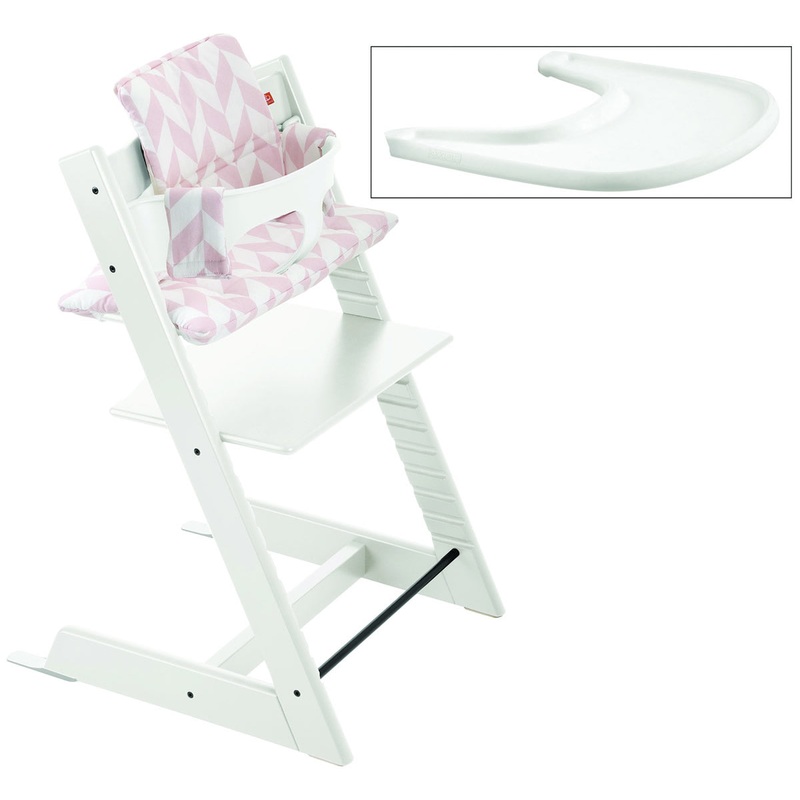Tripp Trapp High Chair and Cushion with Stokke Tray - White/Pink Chevron