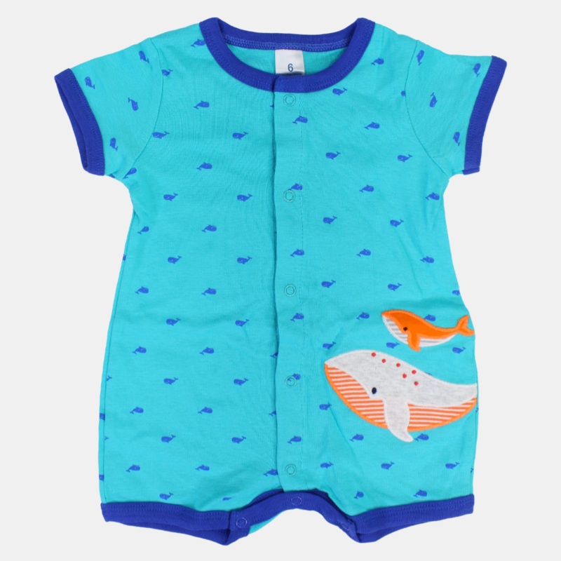 Baby Boys Cotton Romper  Turquoise with Whale Print