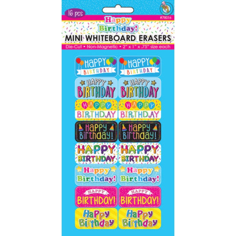 Happy Birthday Non-Magnetic Mini Whiteboard Erasers, 16-Pack, Happy Birthday