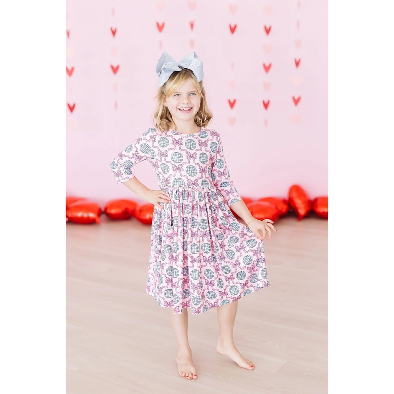 Disco Bows 3/4 Sleeve Ruffle Twirl Dress