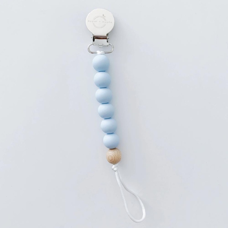 Sugar + Maple Pacifier + Teether Clip - Silicone with 1 Beechwood Bead - Blue
