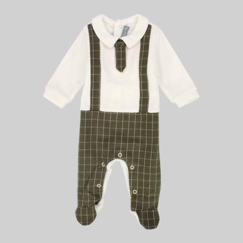 Olive Checkered Long-Sleeved Baby Footie