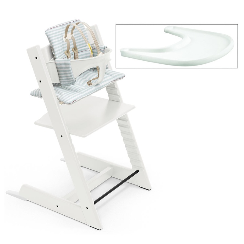 Tripp Trapp High Chair and Cushion with Stokke Tray -- White/Aqua Stripes