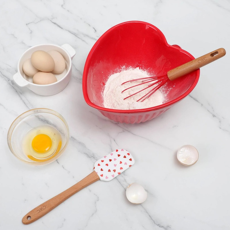 3pc Heart-Shaped Mixing Bowl, Whisk, and Silicone Spatula Baking Set - Red