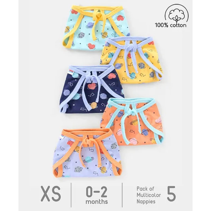 Babyhug Interlock Dyed Printed Cloth Nappies Extra Small Set of 5 - Multicolour