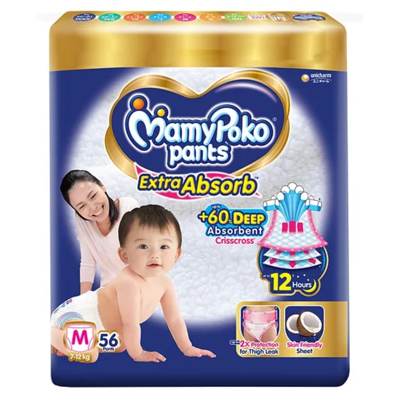 MamyPoko Pants Extra Absorb Baby Diapers, Medium (M size) | 7-12 kg | 56 Count |Deep Sleep Diapers| Soft gentle fit |Deep Absorbent Crisscross | skin friendly with coconut oil |
