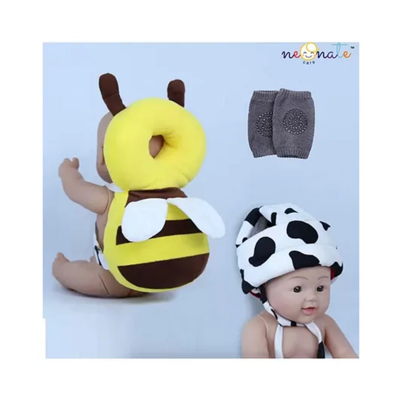 NeonateCare Baby Helmet(White Grey Helmet) Baby Head Protection Cushion Backpack(Yellow Head protector) With Knee pad(multicolor) pack of 3 utility items