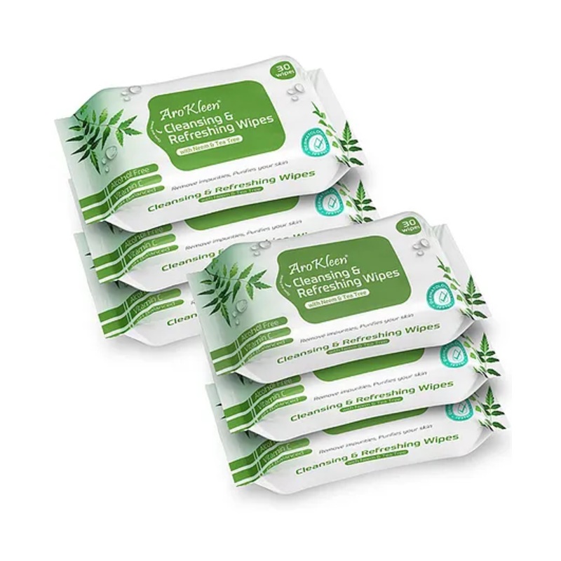 Arokleen Natural Daily Cleansing & Refreshing Wet Wipes With Neem & Tea Tree | Facial Wipes | Alcohol Free, Vitamin C & pH Balanced | Removes Oil & Dirt & Moisturizes Skin | Hydrating & Soothing - Clinically Tested- 180 WIPES ( PACK OF 6 )