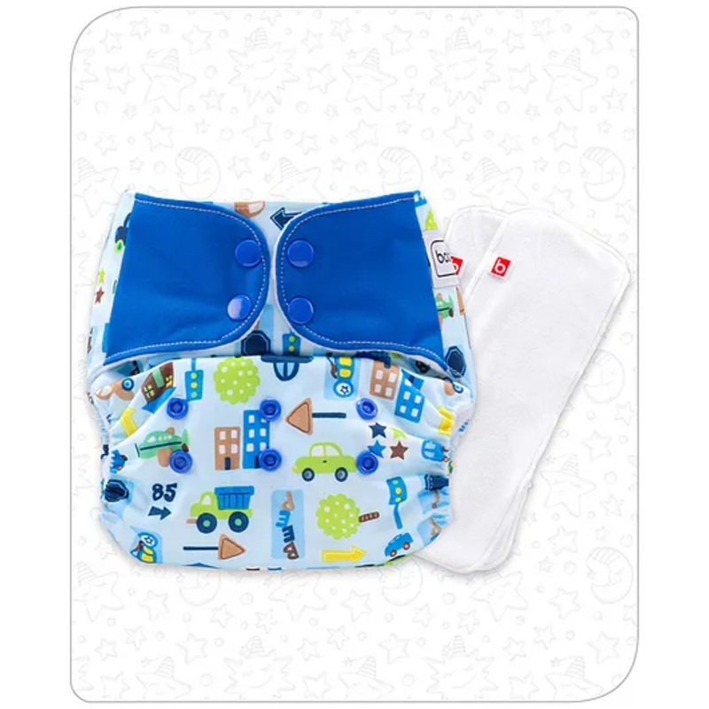 Babyhug Free Size Reusable Contrast Flap Closure Cloth Nappies With 2 SmartDry Inserts Vehicle print - Blue