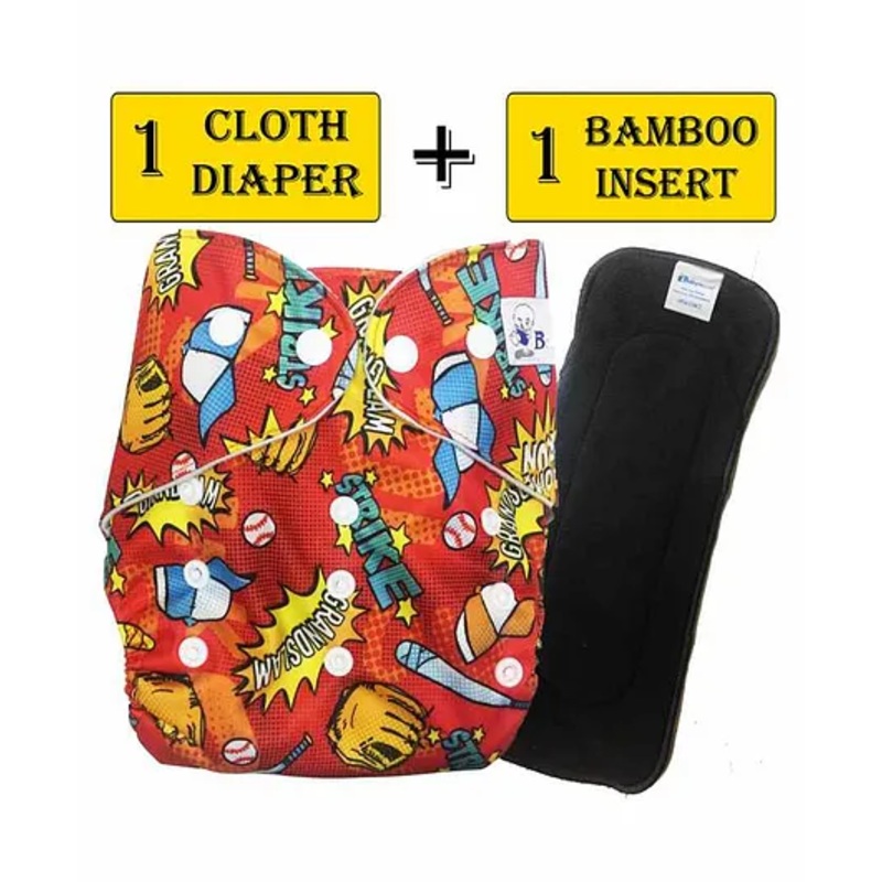 Babymoon Reusable Cloth Diaper with Diaper Inserts Baseball Print - Red