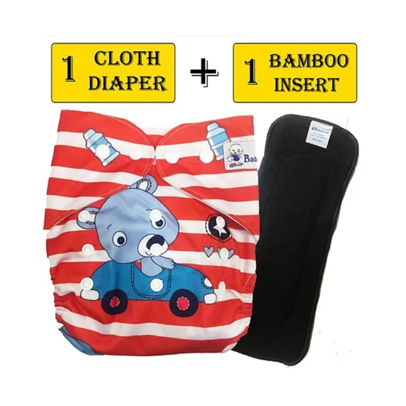 Babymoon Reusable Cloth Diaper With Insert Bear Print - Red