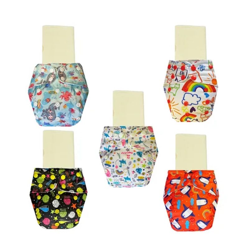 Dumbledo Cloth Diaper Eco-Friendly Reusable Adjustable Free Size Leak Proof Quick Dry Unisex With Insert Pack of 5 - Multicolor