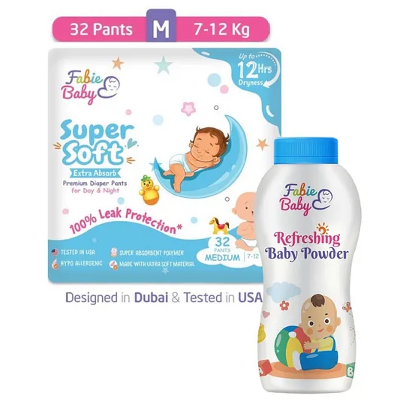 Fabie Baby Medium Diaper (32Pcs) with Baby Powder (50g) Combo - Pack of 2