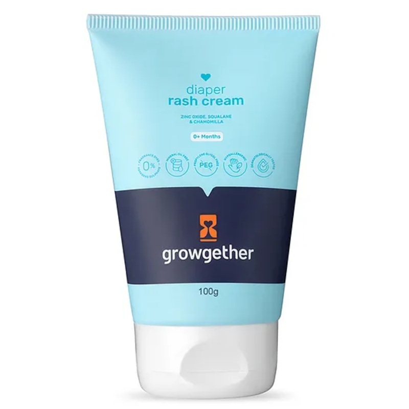 Growgether Diaper Rash Cream with Zinc Oxide, Squalane & Chamomile Formula, Hypoallergenic Rash Treatment, Soothes, Heals, Prevents Diaper Rash, Dermatologist Tested, Parabens & Fragrance Free - 100g