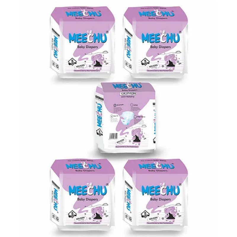Meechu Taped Style Diapers Newborn (Pack of 5) Cottony Soft Absorb Technology Leakage Protection- 25 Pieces
