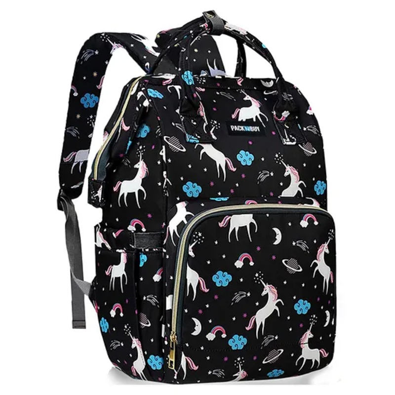PACKNBUY Diaper Bag Backpack Unicorn Print Baby Travel and Storage Bag - Black