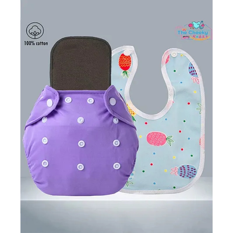 The Cheeky Kidzz Baby Essential Reusable Cotton Cloth Diaper With Bamboo Charcoal Insert With Feeding Bib  (PURPLE)