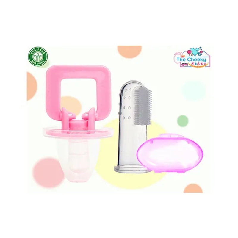 The Cheeky Kidzz Baby Soft Silicone Bristles Finger Toothbrush For Set Massaging & Cleaning Gums With Pacifier Teether (PINK)