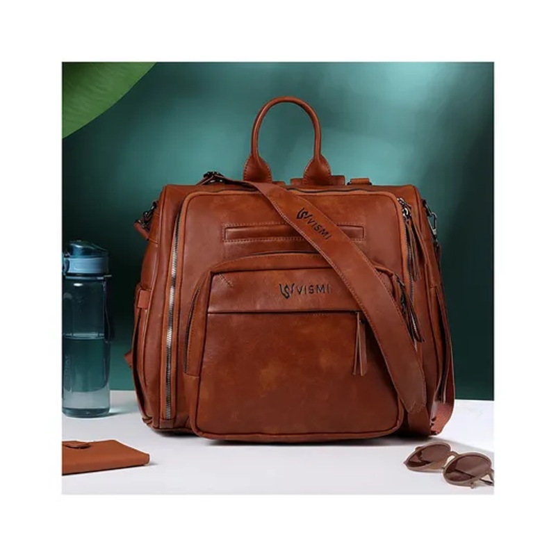 VISMIINTREND Diaper Backpack Bags for Women & Baby Solid Vegan Leather Multi- Compartment Maternity Backpack Travel, Hospital Visit Baby Diaper Bags with Detachable Strap, Trolley Sleeve - Tan