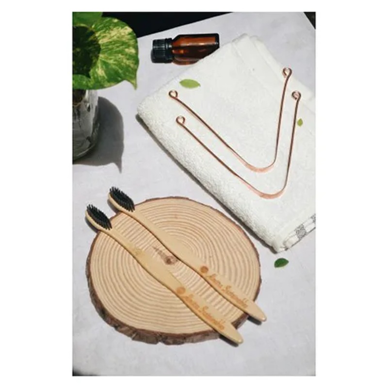 Almitra Sustainables Oral Care Set  Charcoal Bamboo Toothbrush and Copper Tongue Cleaner (Pack of 2)