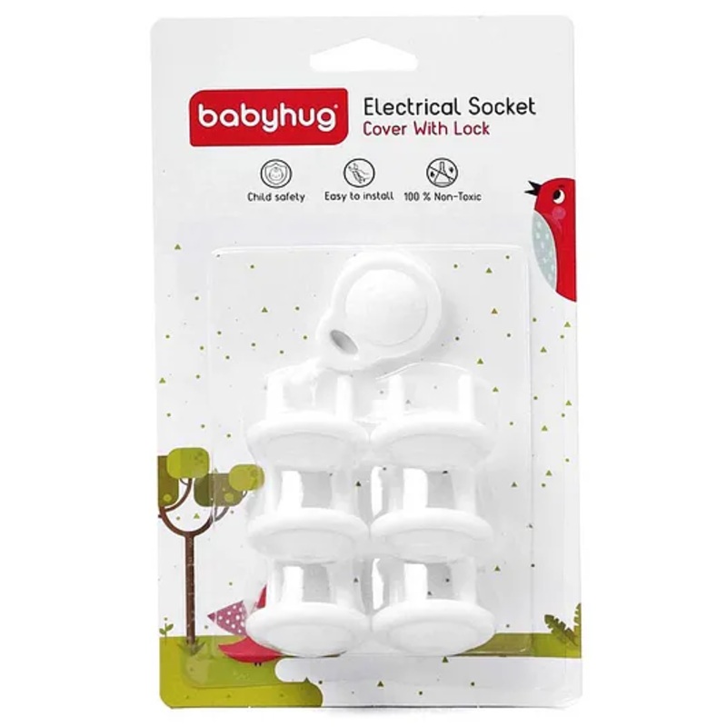 Babyhug 2 Pin Plug Protector Set Of 6 With Locking Key - White