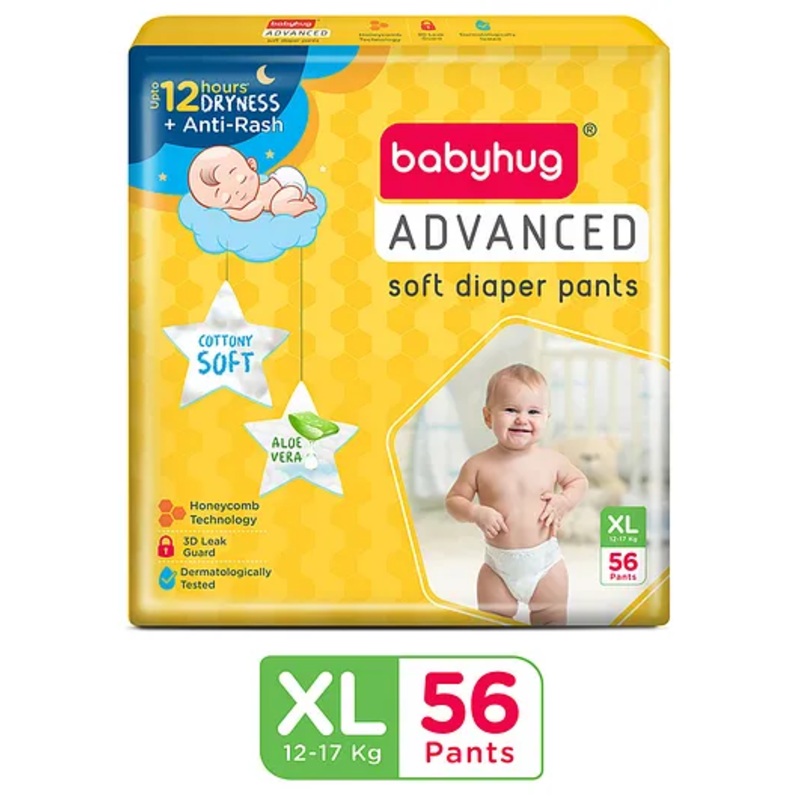 Babyhug Advanced Pant Style Diapers Extra Large (XL) Size   - 56 Pieces, Honeycomb Technology, Cottony Soft Diaper with 3D Leak Guard, Latex & Alcohol Free, Anti-rash & Gentle