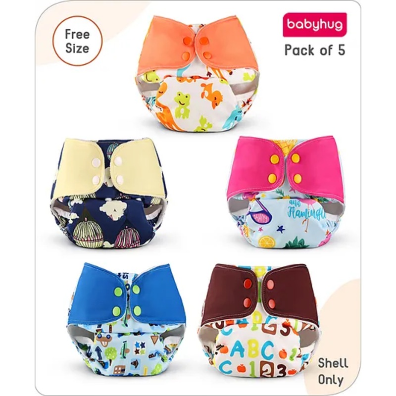 Babyhug Reusable Cloth Diaper with Contrast Flap and without Insert (Shell Only) Pack of 5 Free Size - Multiprint