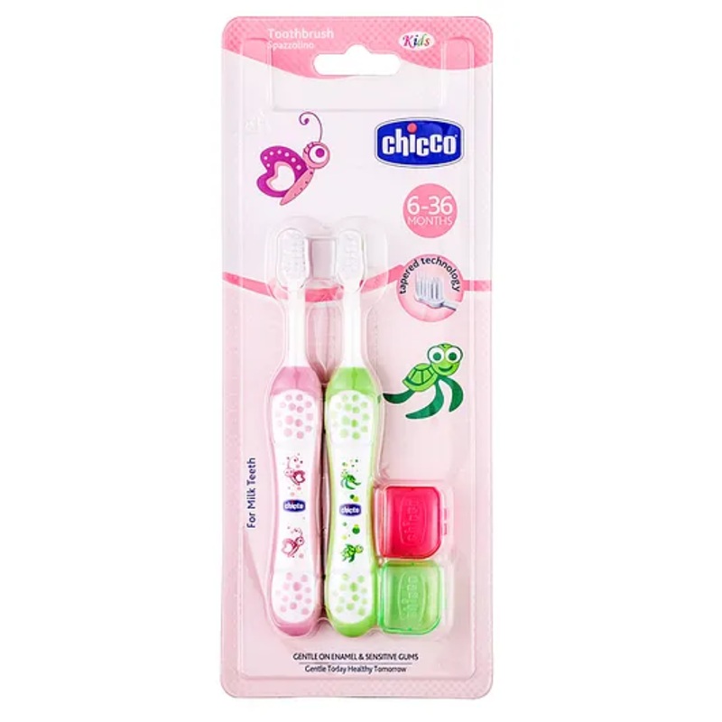 Chicco Ultra Soft Bristles Toothbrush Turtle & Butterfly Print Pack of 2 - Green & Pink