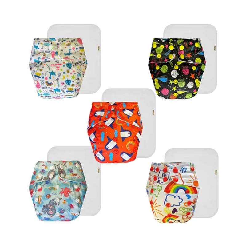 Dumbledo Cloth Diaper Eco-Friendly Reusable Adjustable Free Size Leak Proof Quick Dry Unisex Without Insert Pack of 5 - Multicolor
