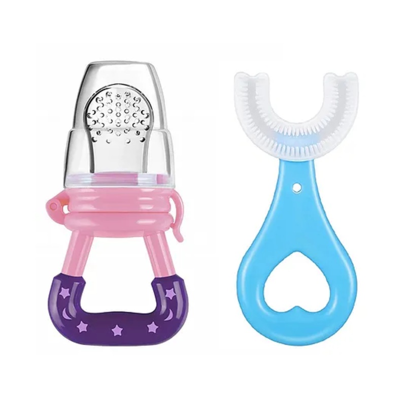 Enorme Baby Fruit Food Feeder Nibbler Pacifier with Soft U Shaped Silicone Toothbrush for Kids - Multicolour