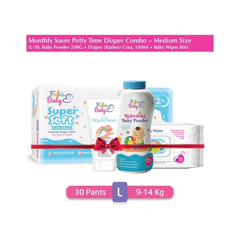 Fabie Baby Potty Time Combo Diaper Pants Large (30Pcs) Diaper Rash Cream (50ml) Baby Powder (200g) & Baby Wipes (72Pcs) - Pack of 4