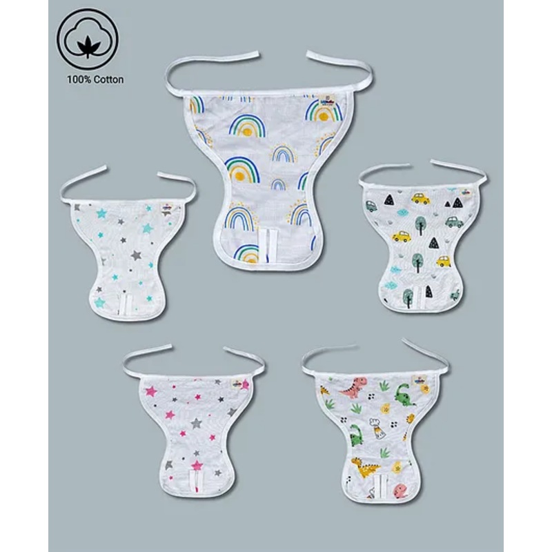 LazyToddler Muslin  Nappy Set of 5 Extra Small Rainbow Print - White