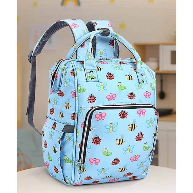 Multipurpose Spacious Diaper Backpack Baby Bugs Print - Blue| Adjustable Padded Shoulder Strap| Insulated Bottle Pouches| Smart Back Zipper| Wipes Dispenser