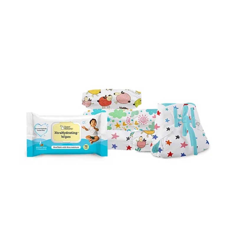 SuperBottoms Dry Feel Organic Large Size Cotton Langot Pack of 6 and XtraHydrating Wipes - White Blue