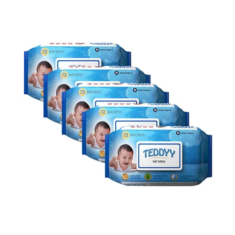 Teddyy Baby Wet Wipes with Lid 72 Pieces Each - Pack of 5